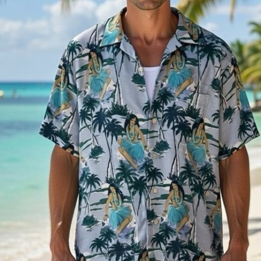 Tommy Bahama Vintage Hawaiian Hula All Over Print Men's Silk Shirt Size Large